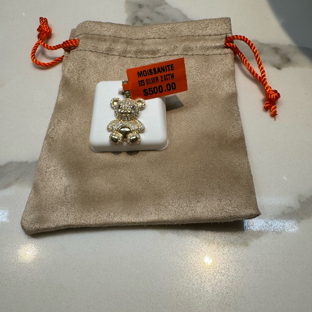 Teddy Bear Moissanite Pendant in Gold Tone
